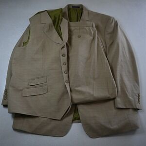 NEW Michael Irvin 48L 38x32 Tan Brown Plaid 3 Piece Vest Mens Jacket Pants‎ Suit